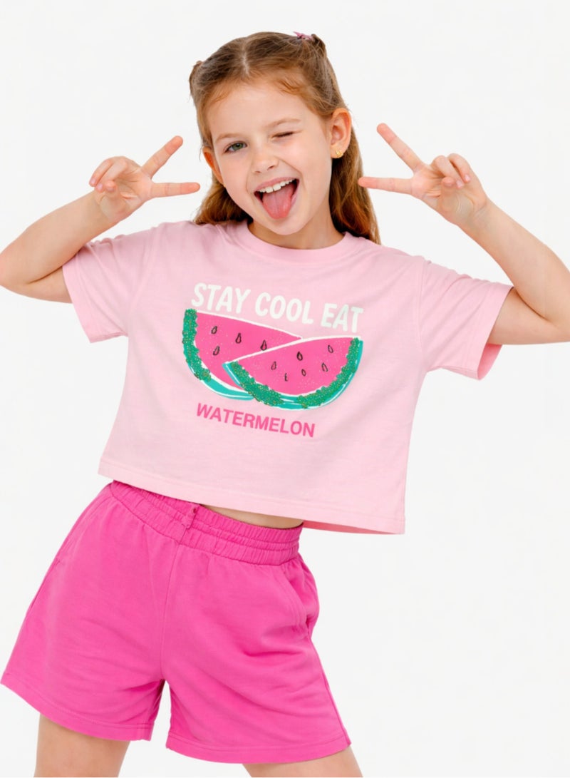 victor and jane Girls 2 Pc Set Watermelon Print T-Shirt & Shorts Set – Light Pink & Pink - Image 1